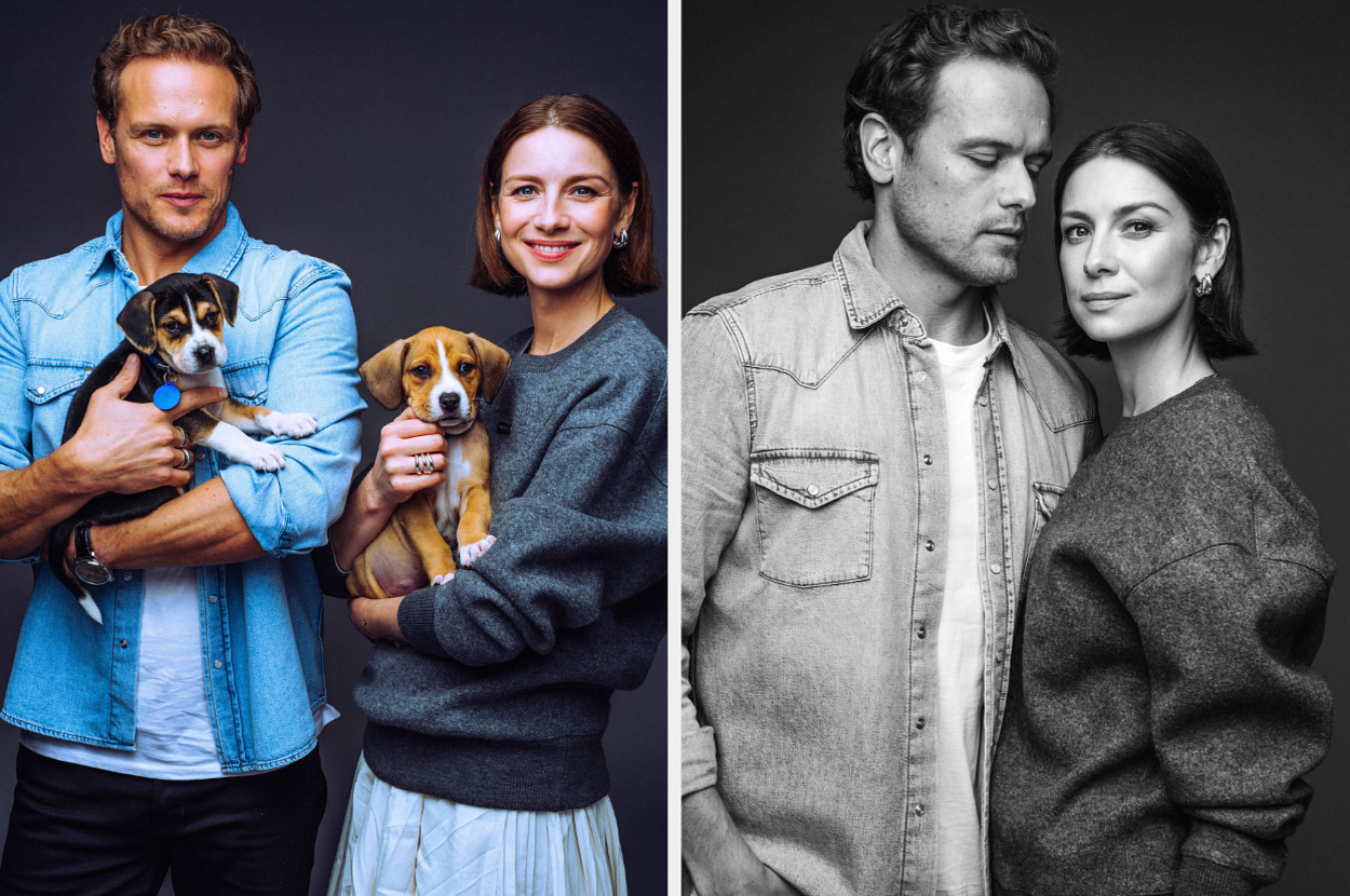 sam-heughan-and-caitriona-balfe-revealed-what-they-took-from-the-“outlander”-set,-their-favorite-romance-movies,-and-more-while-playing-with-puppies